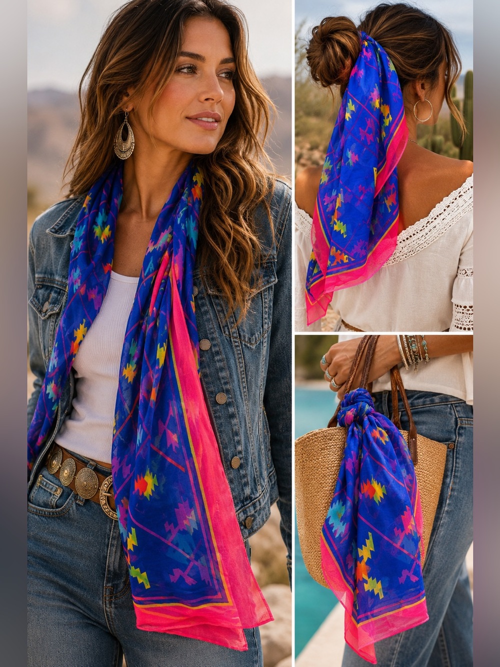 Bright Southwestern Print Sheer Scarf Blue Pink Boho Festival Wrap